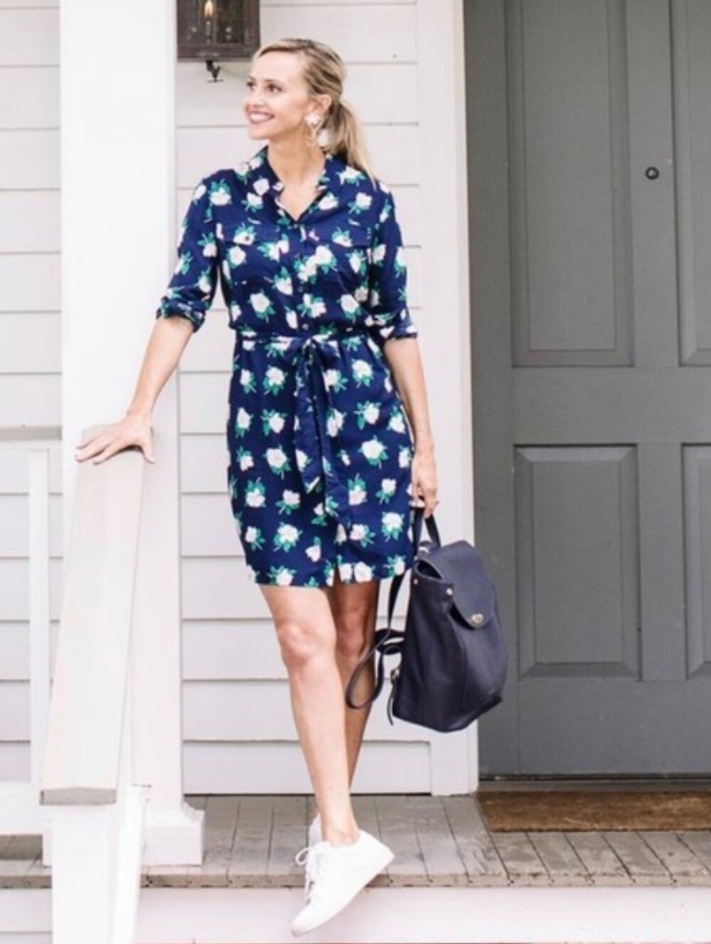 Draper James Magnolia Navy Blue Floral Long-Sleeve Shirt Dress